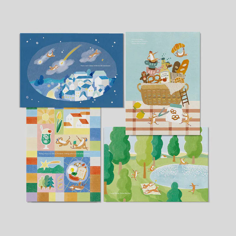 Hello Studio Post Card Set - Gentle Meadow / Song of the Stars / Afternoon Weaving / Morning Dance