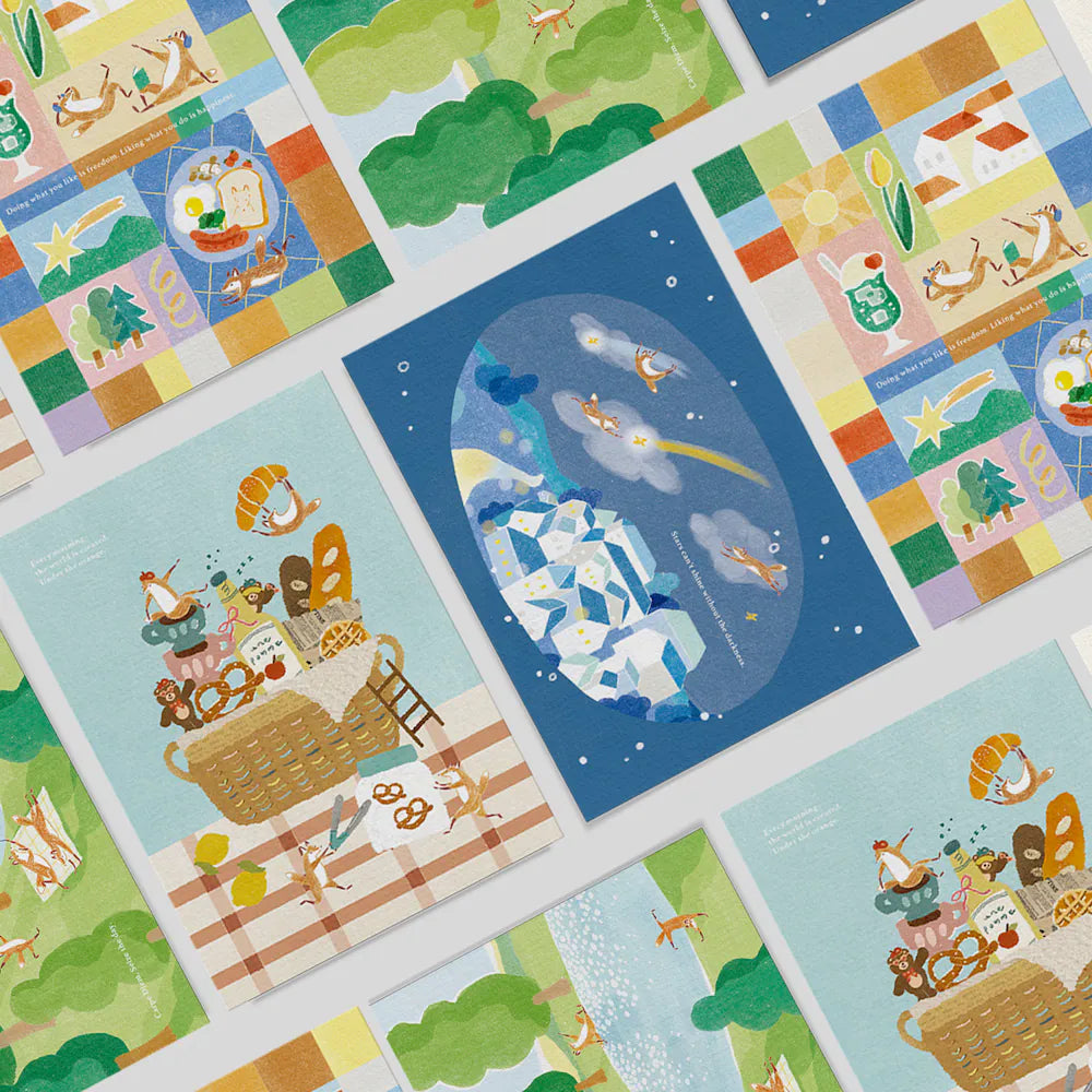 Hello Studio Post Card Set - Gentle Meadow / Song of the Stars / Afternoon Weaving / Morning Dance